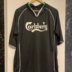 Carlsberg Black Football Jersey T-Shirt, V-Neck, White & Green Trim